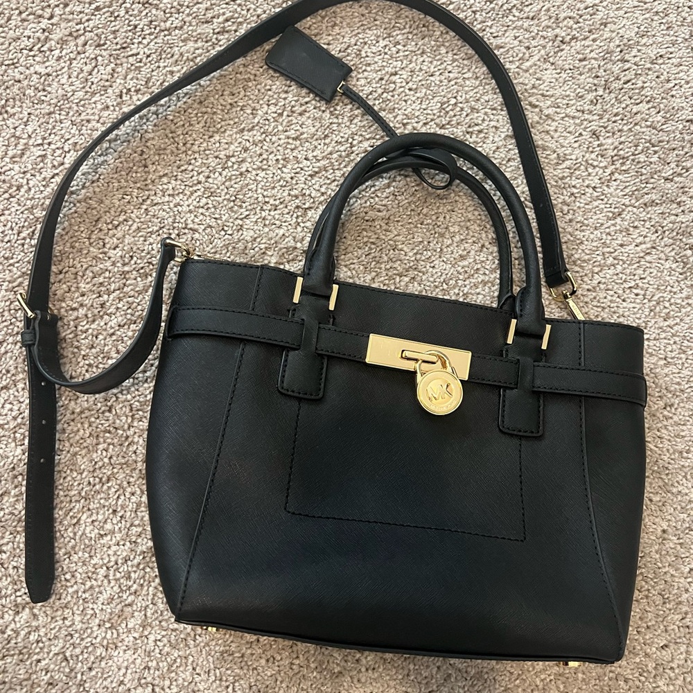 Michael Kors Black Leather Handbag with Gold Accents
